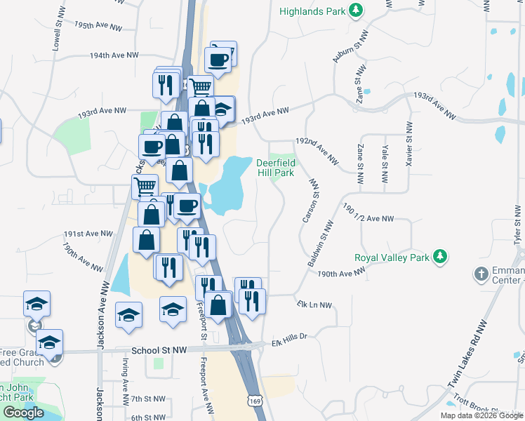 map of restaurants, bars, coffee shops, grocery stores, and more near 19088 Dodge Street Northwest in Elk River