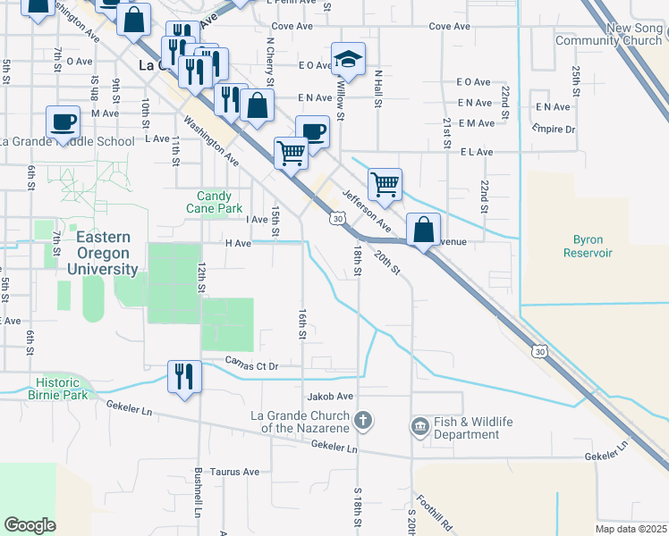 map of restaurants, bars, coffee shops, grocery stores, and more near 614 18th Street in La Grande