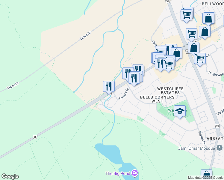 map of restaurants, bars, coffee shops, grocery stores, and more near Robertson Road in Ottawa