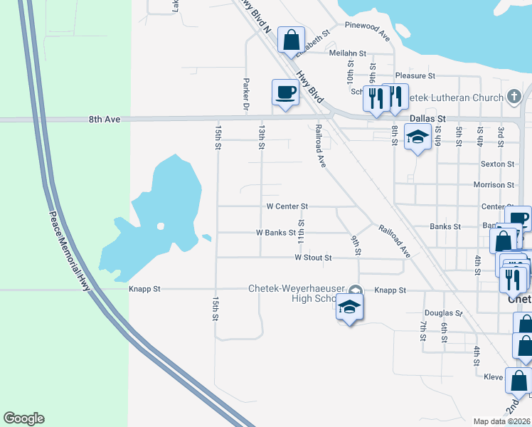 map of restaurants, bars, coffee shops, grocery stores, and more near 956 13th Street in Chetek