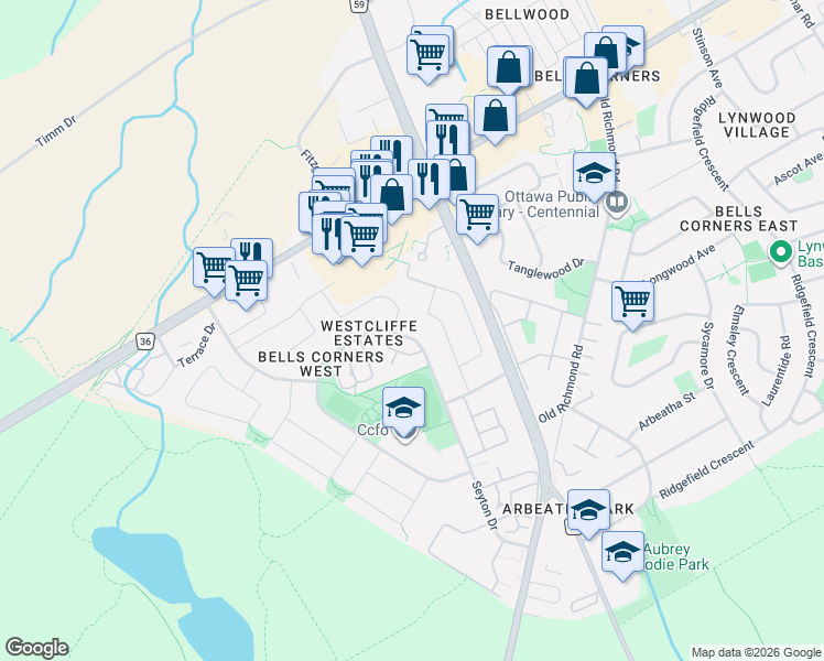 map of restaurants, bars, coffee shops, grocery stores, and more near 564 Seyton Drive in Ottawa