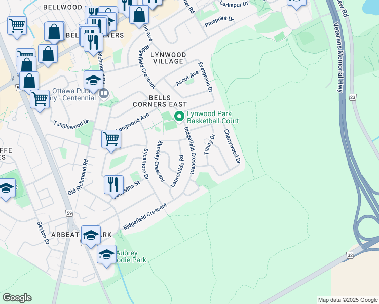 map of restaurants, bars, coffee shops, grocery stores, and more near 64 Ridgefield Crescent in Ottawa