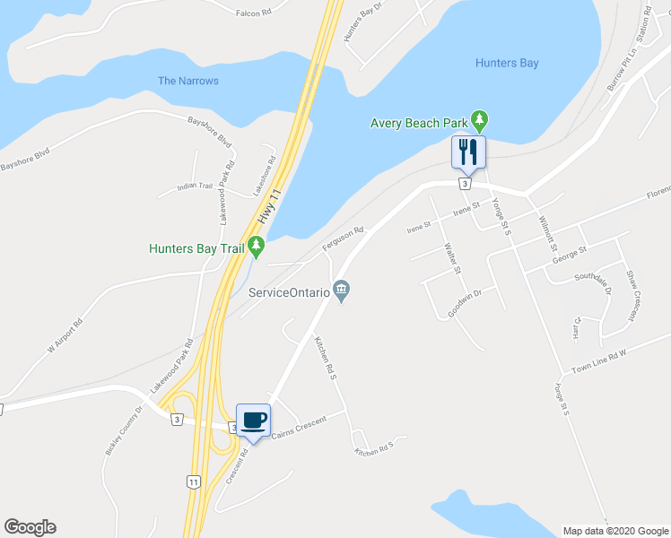 map of restaurants, bars, coffee shops, grocery stores, and more near 196 Main Street West in Huntsville