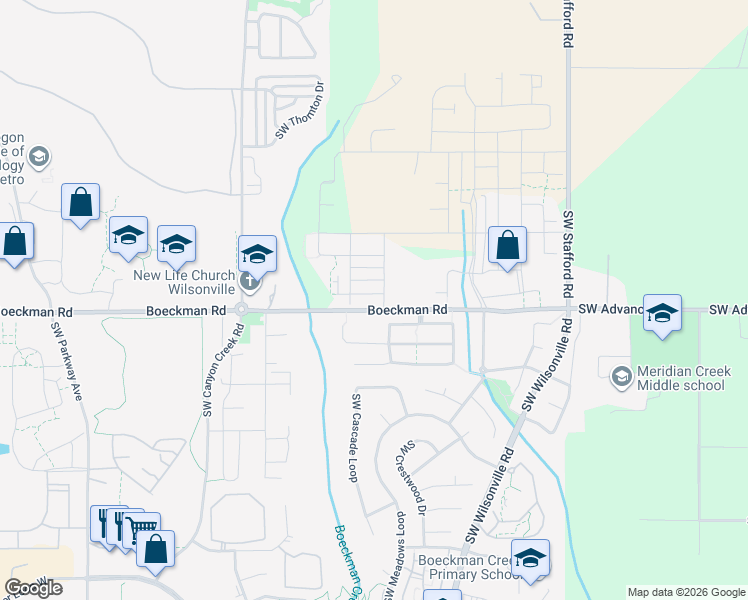 map of restaurants, bars, coffee shops, grocery stores, and more near 7406 Boeckman Road in Wilsonville