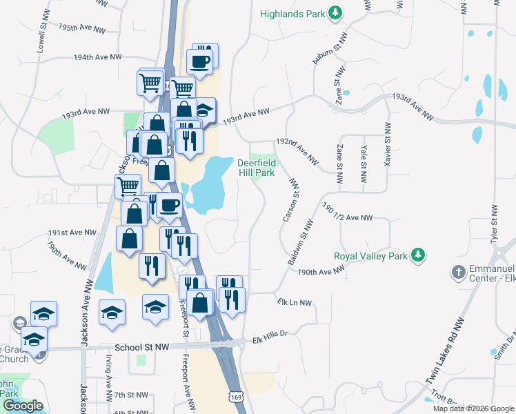 map of restaurants, bars, coffee shops, grocery stores, and more near 19088 Dodge Street Northwest in Elk River