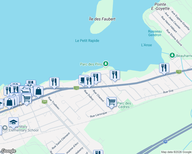 map of restaurants, bars, coffee shops, grocery stores, and more near 301 Rue des Pins in Beauharnois