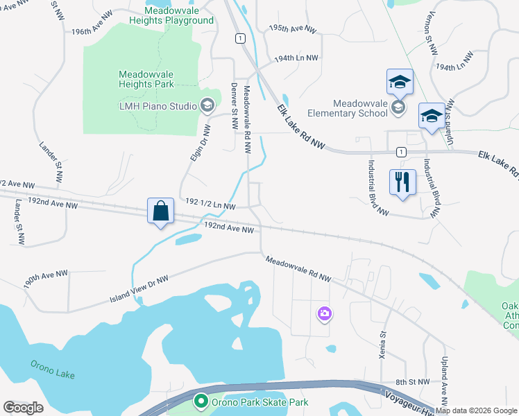 map of restaurants, bars, coffee shops, grocery stores, and more near 19140 Concord Court Northwest in Elk River