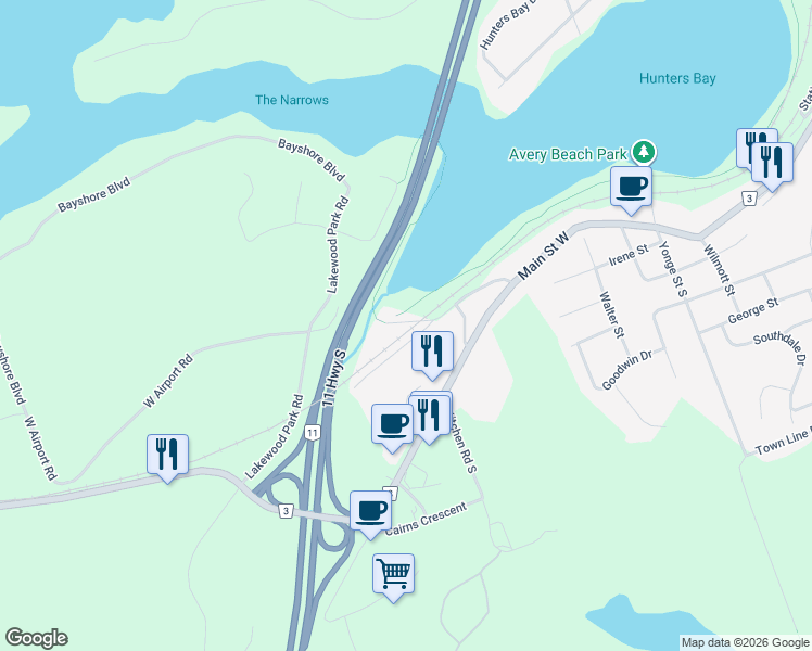 map of restaurants, bars, coffee shops, grocery stores, and more near 3 East Airport Road in Huntsville
