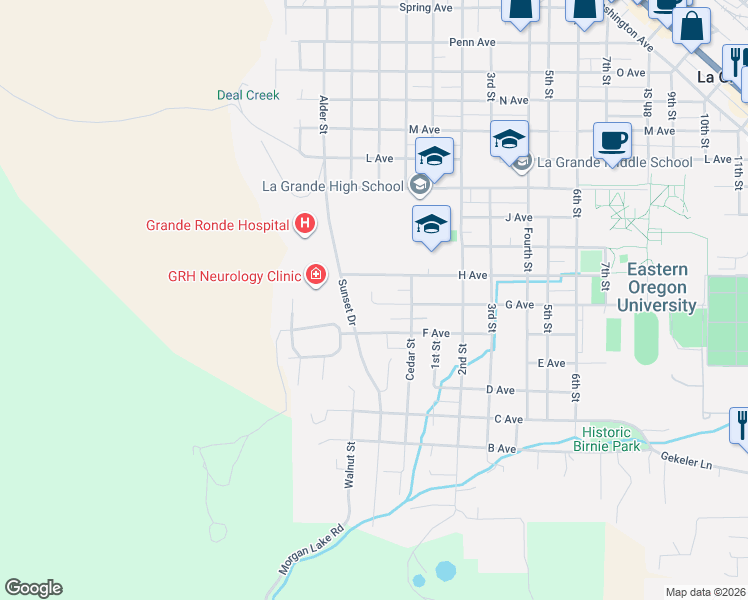map of restaurants, bars, coffee shops, grocery stores, and more near 407 G Avenue in La Grande