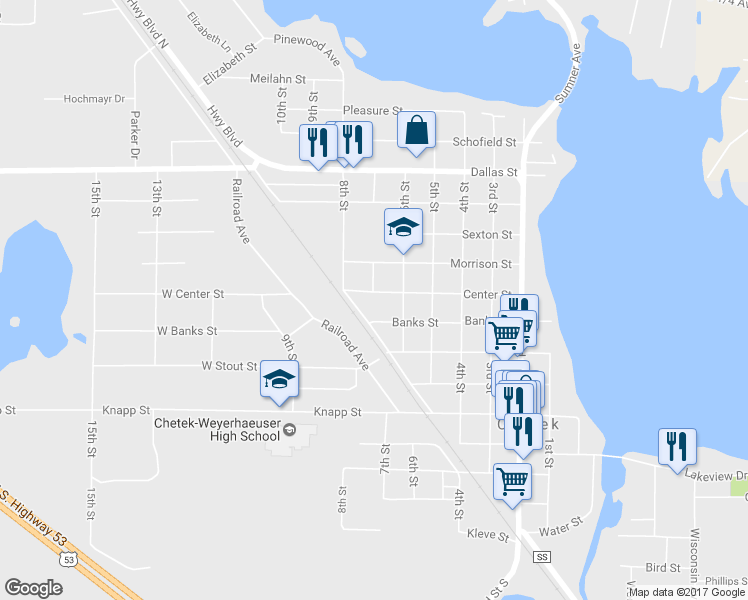 map of restaurants, bars, coffee shops, grocery stores, and more near 629 Center Street in Chetek