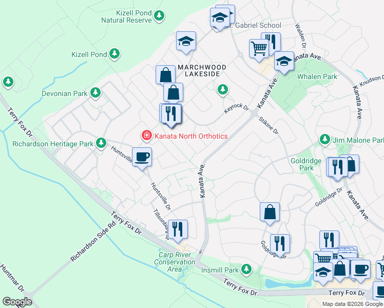 map of restaurants, bars, coffee shops, grocery stores, and more near 862 Fletcher Circle in Ottawa