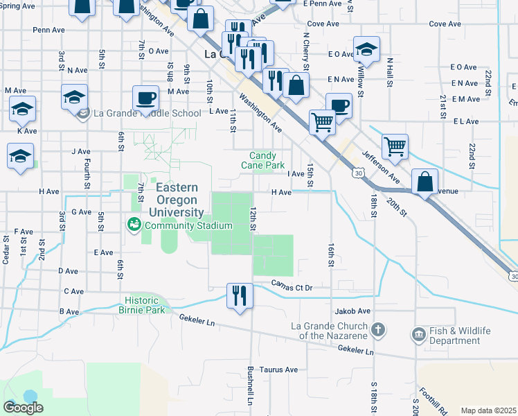 map of restaurants, bars, coffee shops, grocery stores, and more near 703 12th Street in La Grande
