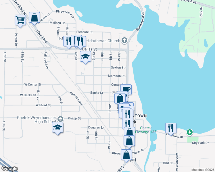 map of restaurants, bars, coffee shops, grocery stores, and more near 423 Center Street in Chetek