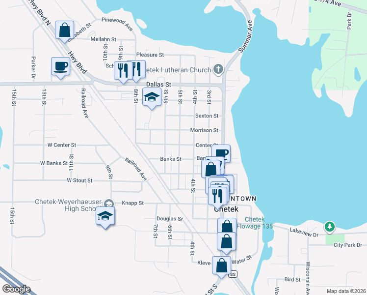 map of restaurants, bars, coffee shops, grocery stores, and more near 423 Center St in Chetek