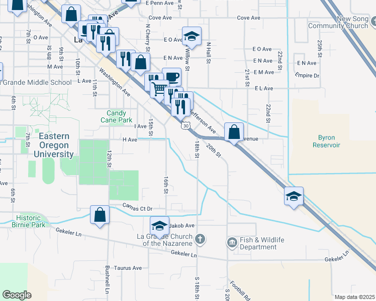 map of restaurants, bars, coffee shops, grocery stores, and more near 614 18th Street in La Grande