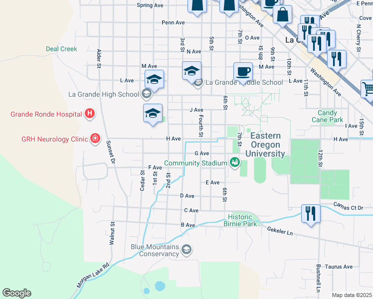 map of restaurants, bars, coffee shops, grocery stores, and more near 901 G Avenue in La Grande