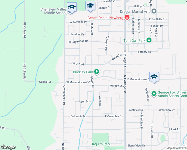 map of restaurants, bars, coffee shops, grocery stores, and more near 2400 North Main Street in Newberg