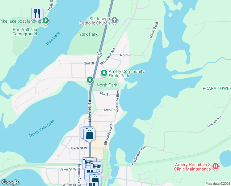 map of restaurants, bars, coffee shops, grocery stores, and more near 603 Riverside Boulevard in Amery