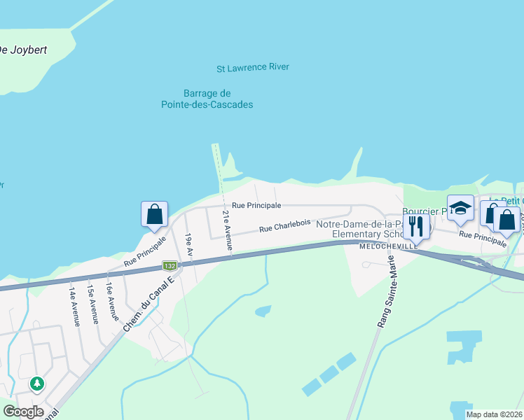 map of restaurants, bars, coffee shops, grocery stores, and more near 326 Rue Principale in Beauharnois