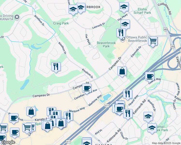 map of restaurants, bars, coffee shops, grocery stores, and more near 11 Knudson Drive in Ottawa