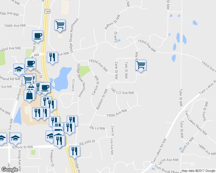 map of restaurants, bars, coffee shops, grocery stores, and more near 19097 Baldwin Street Northwest in Elk River
