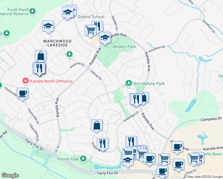map of restaurants, bars, coffee shops, grocery stores, and more near 307 Goldridge Drive in Ottawa