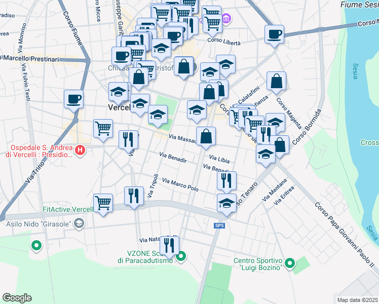 map of restaurants, bars, coffee shops, grocery stores, and more near 6 Via Libia in Vercelli