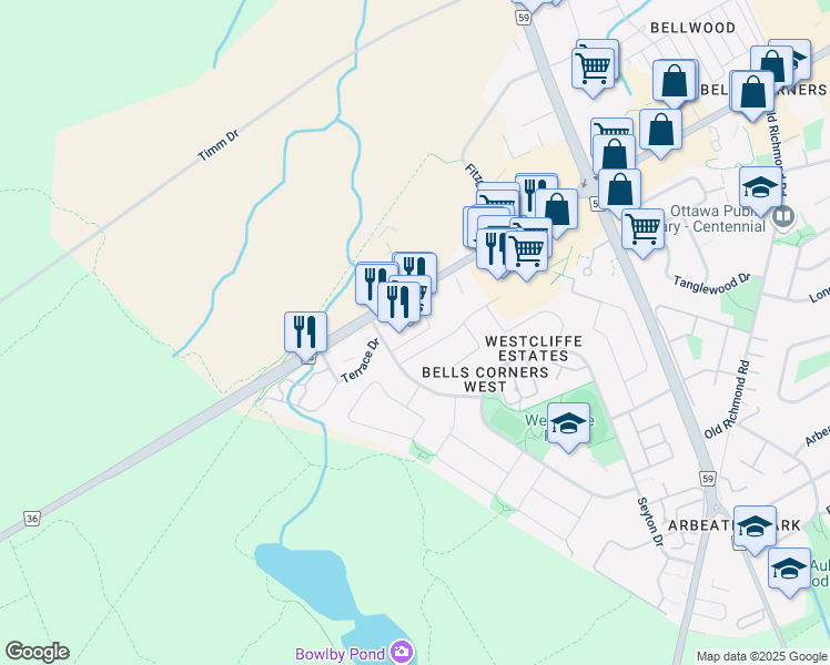map of restaurants, bars, coffee shops, grocery stores, and more near in Ottawa