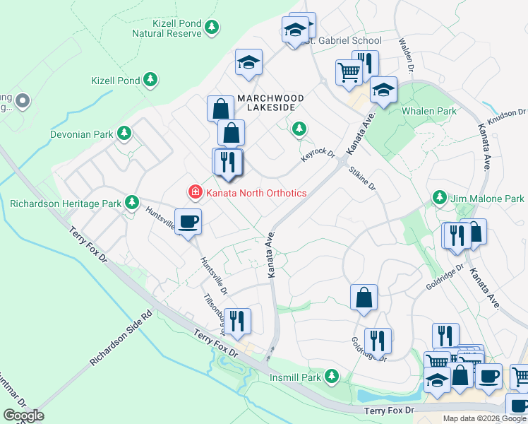 map of restaurants, bars, coffee shops, grocery stores, and more near 861 Fletcher Circle in Ottawa