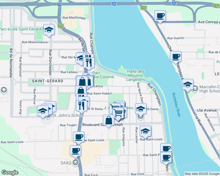 map of restaurants, bars, coffee shops, grocery stores, and more near 225 Rue Labrèche in Saint-Jean-sur-Richelieu