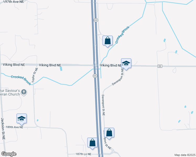 map of restaurants, bars, coffee shops, grocery stores, and more near 18965 Minnesota 65 in East Bethel