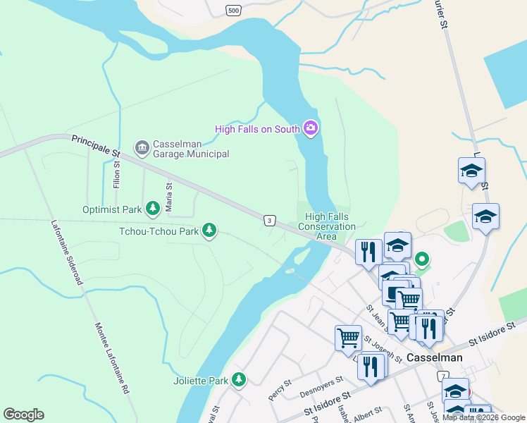 map of restaurants, bars, coffee shops, grocery stores, and more near 828 Principale Street in Casselman