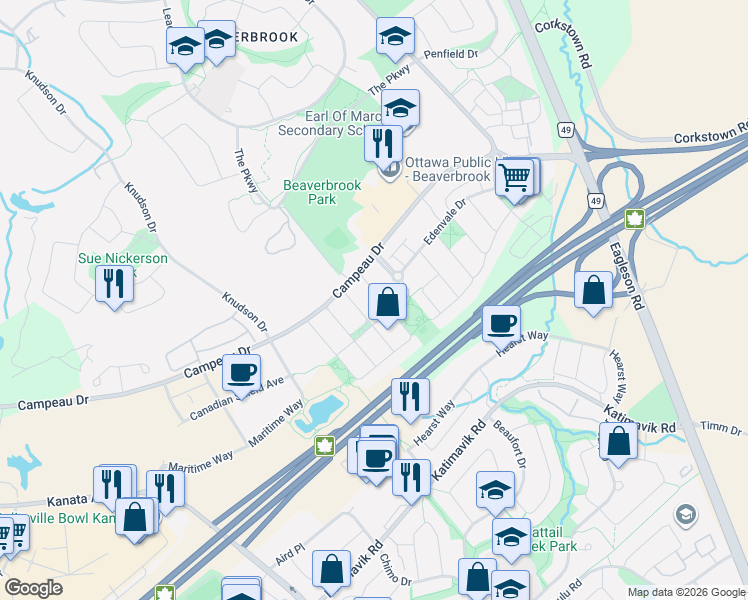 map of restaurants, bars, coffee shops, grocery stores, and more near 24 Gray Crescent in Ottawa