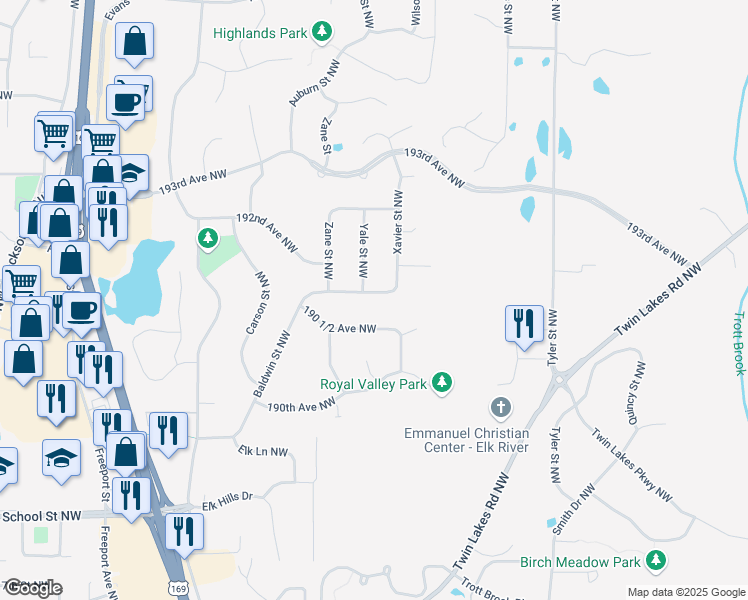 map of restaurants, bars, coffee shops, grocery stores, and more near 11102 191st Avenue Northwest in Elk River