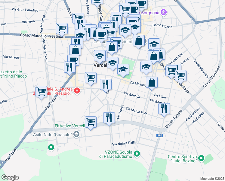 map of restaurants, bars, coffee shops, grocery stores, and more near 6 Via Benadir in Vercelli