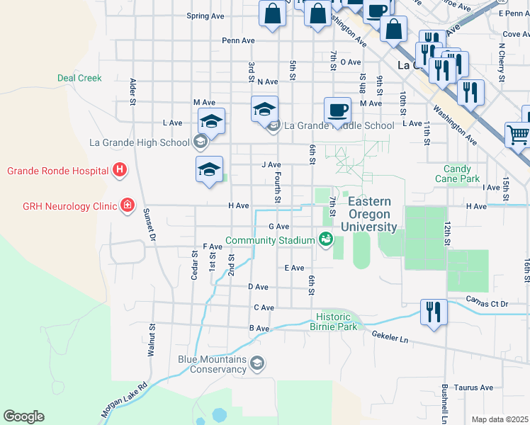 map of restaurants, bars, coffee shops, grocery stores, and more near 901 G Avenue in La Grande