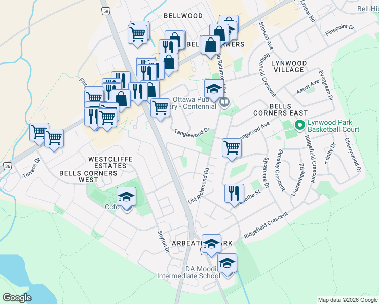 map of restaurants, bars, coffee shops, grocery stores, and more near 445 Moodie Drive in Ottawa