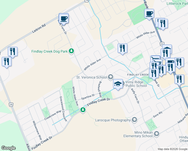 map of restaurants, bars, coffee shops, grocery stores, and more near 4091 Kelly Farm Drive in Ottawa