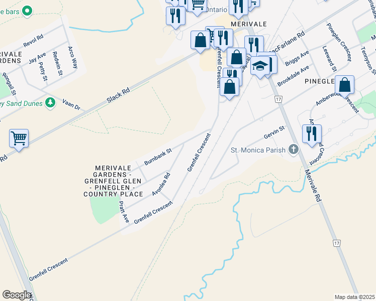 map of restaurants, bars, coffee shops, grocery stores, and more near 14 Avonlea Road in Ottawa