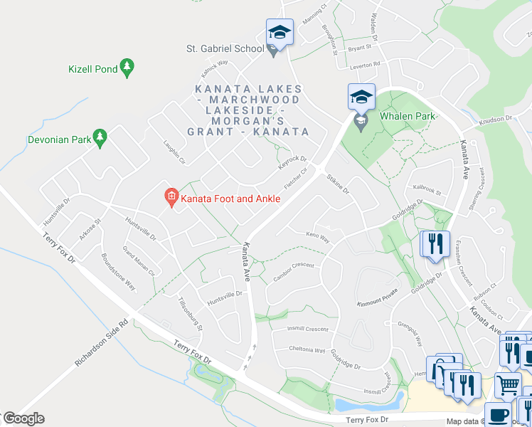 map of restaurants, bars, coffee shops, grocery stores, and more near 812 Fletcher Circle in Ottawa