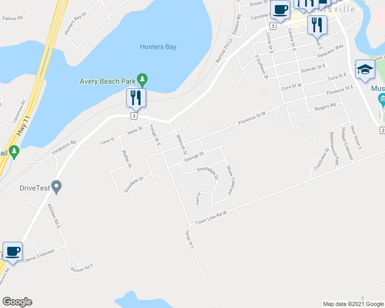 map of restaurants, bars, coffee shops, grocery stores, and more near 18 George Street in Huntsville