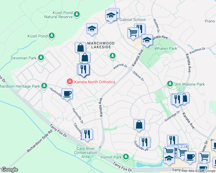 map of restaurants, bars, coffee shops, grocery stores, and more near 812 Fletcher Circle in Ottawa