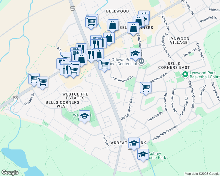 map of restaurants, bars, coffee shops, grocery stores, and more near in Ottawa