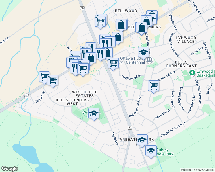 map of restaurants, bars, coffee shops, grocery stores, and more near 46 Tarquin Crescent in Ottawa