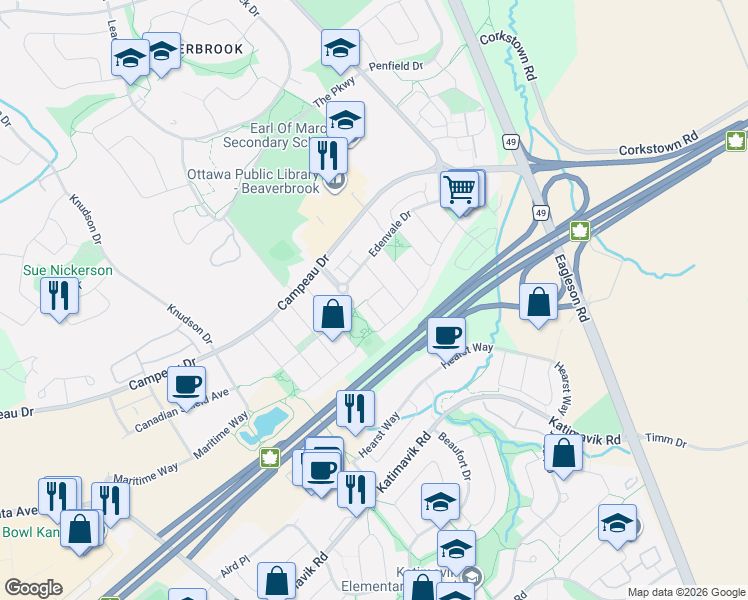 map of restaurants, bars, coffee shops, grocery stores, and more near 23 Cambray Lane in Ottawa