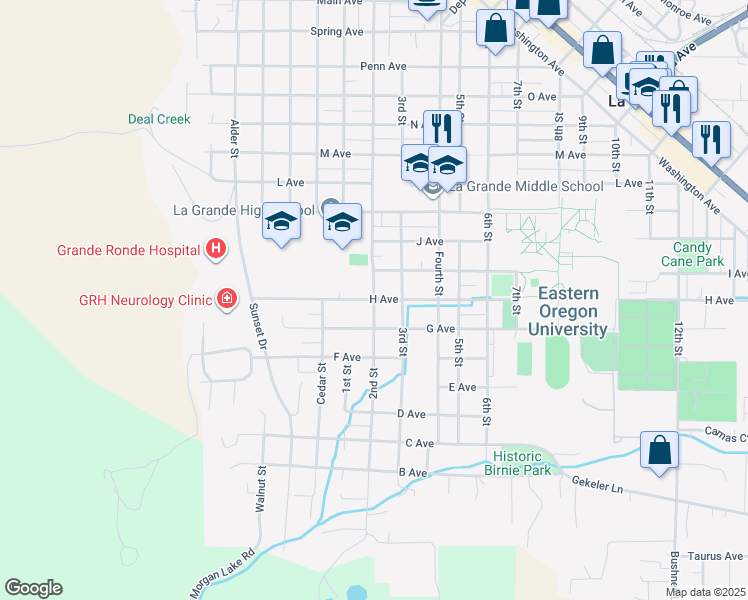 map of restaurants, bars, coffee shops, grocery stores, and more near 701 H Avenue in La Grande