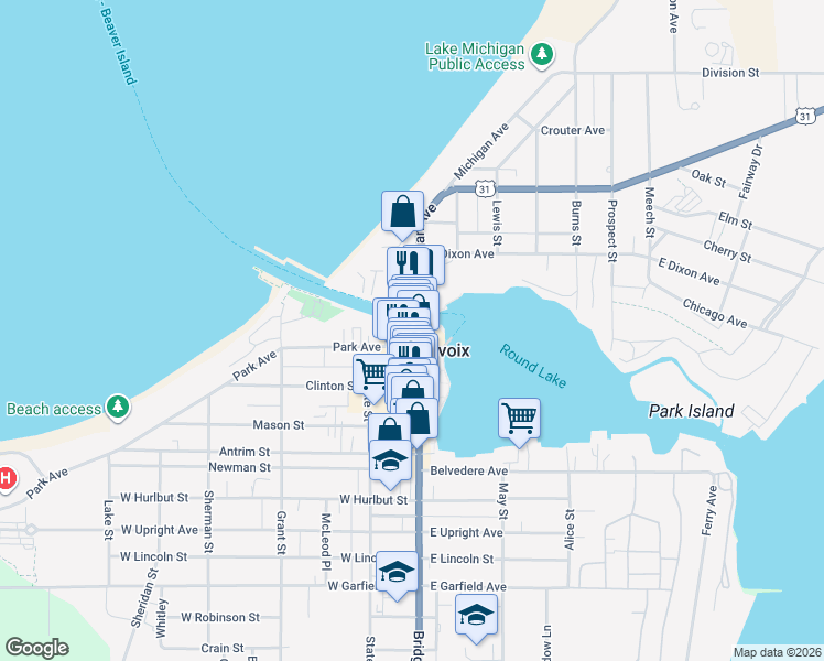 map of restaurants, bars, coffee shops, grocery stores, and more near in Charlevoix