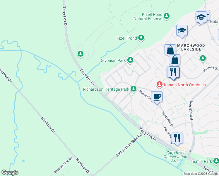 map of restaurants, bars, coffee shops, grocery stores, and more near 86 Escarpment Crescent in Ottawa