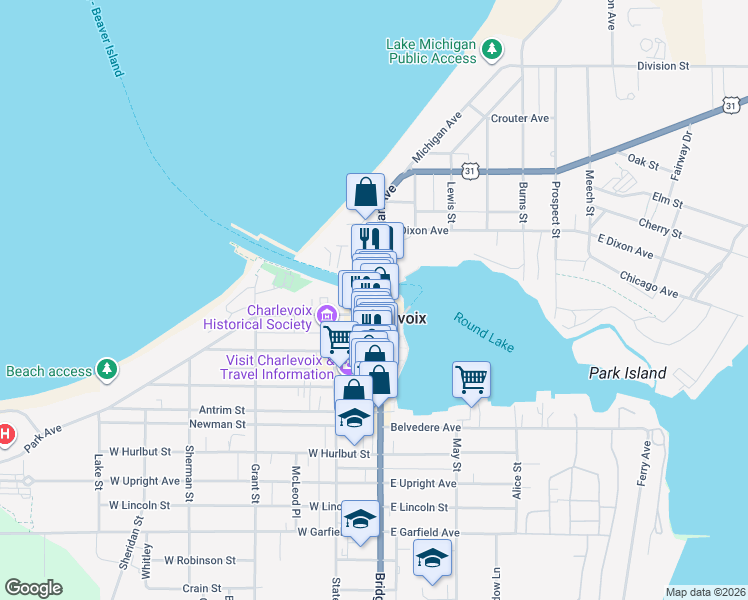 map of restaurants, bars, coffee shops, grocery stores, and more near in Charlevoix