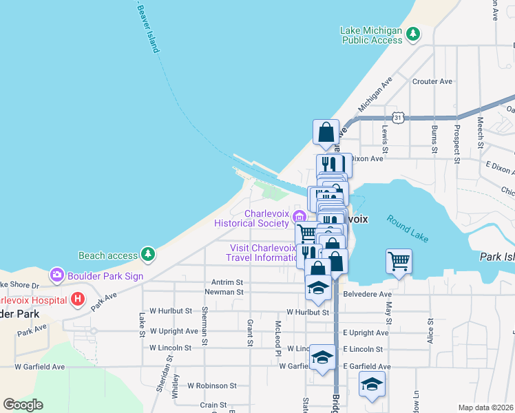 map of restaurants, bars, coffee shops, grocery stores, and more near 200-298 Park Avenue in Charlevoix